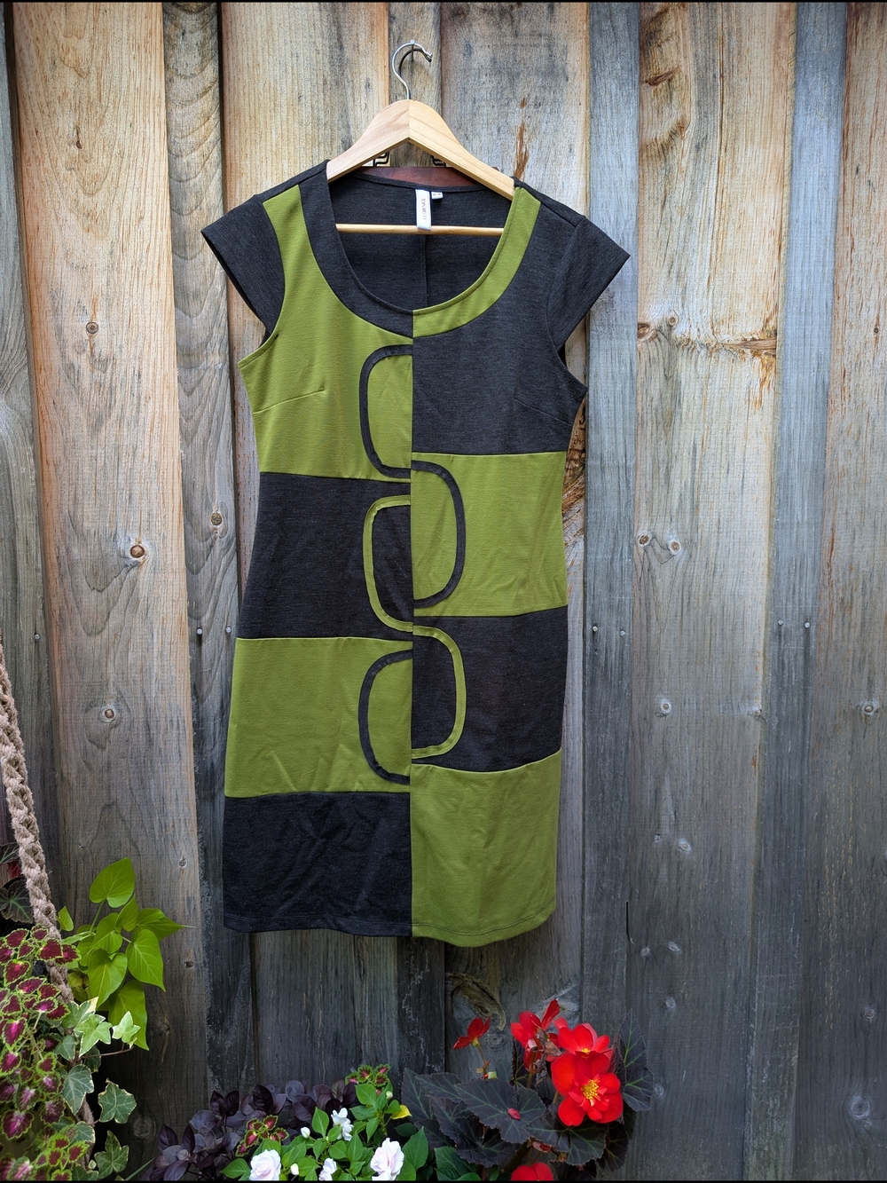 Olive Green and Charcoal Block-Pattern Cap Sleeve Dress
